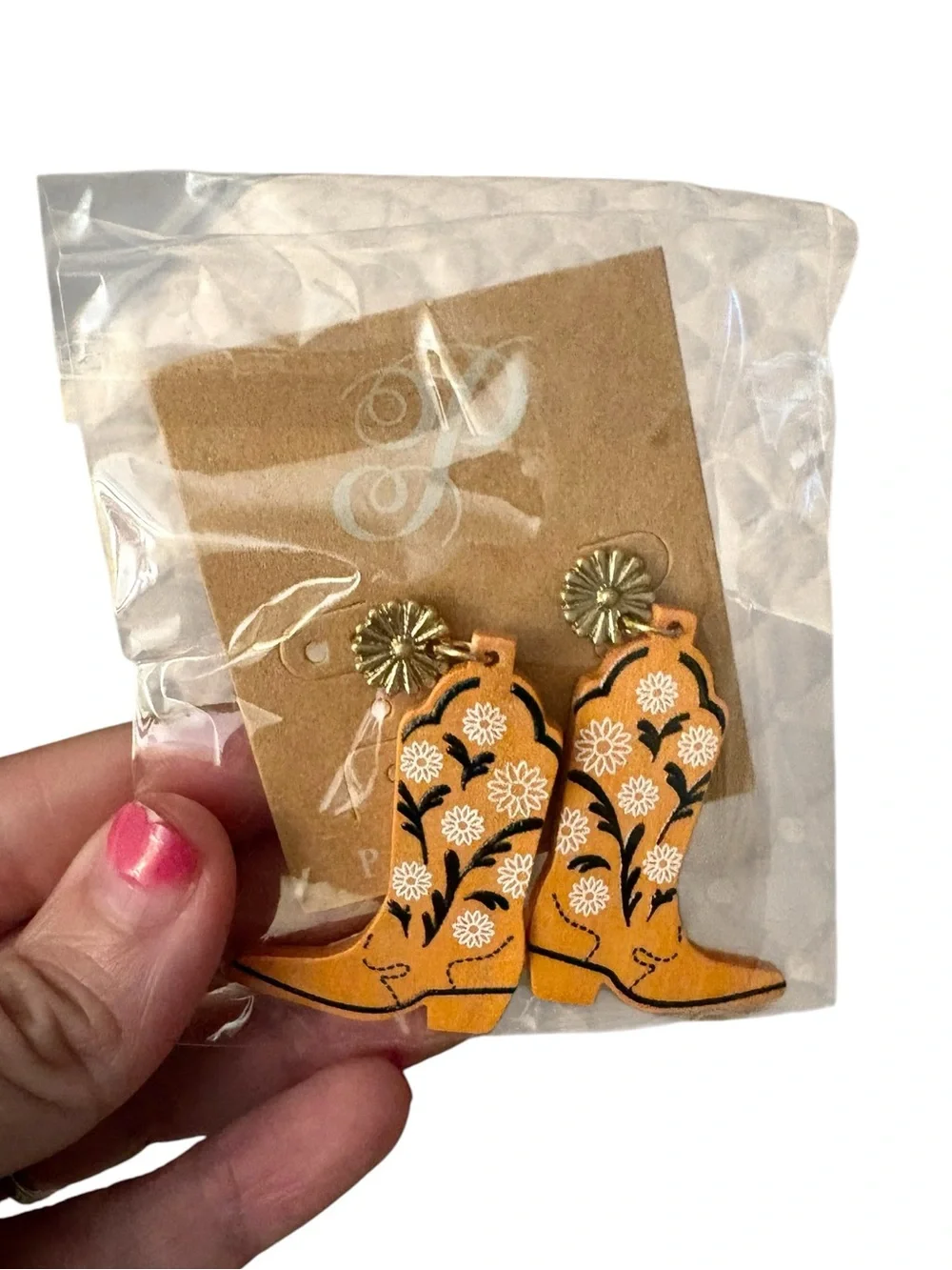 Plunder Orange Floral Cowboy Boot Drop Earrings NEW